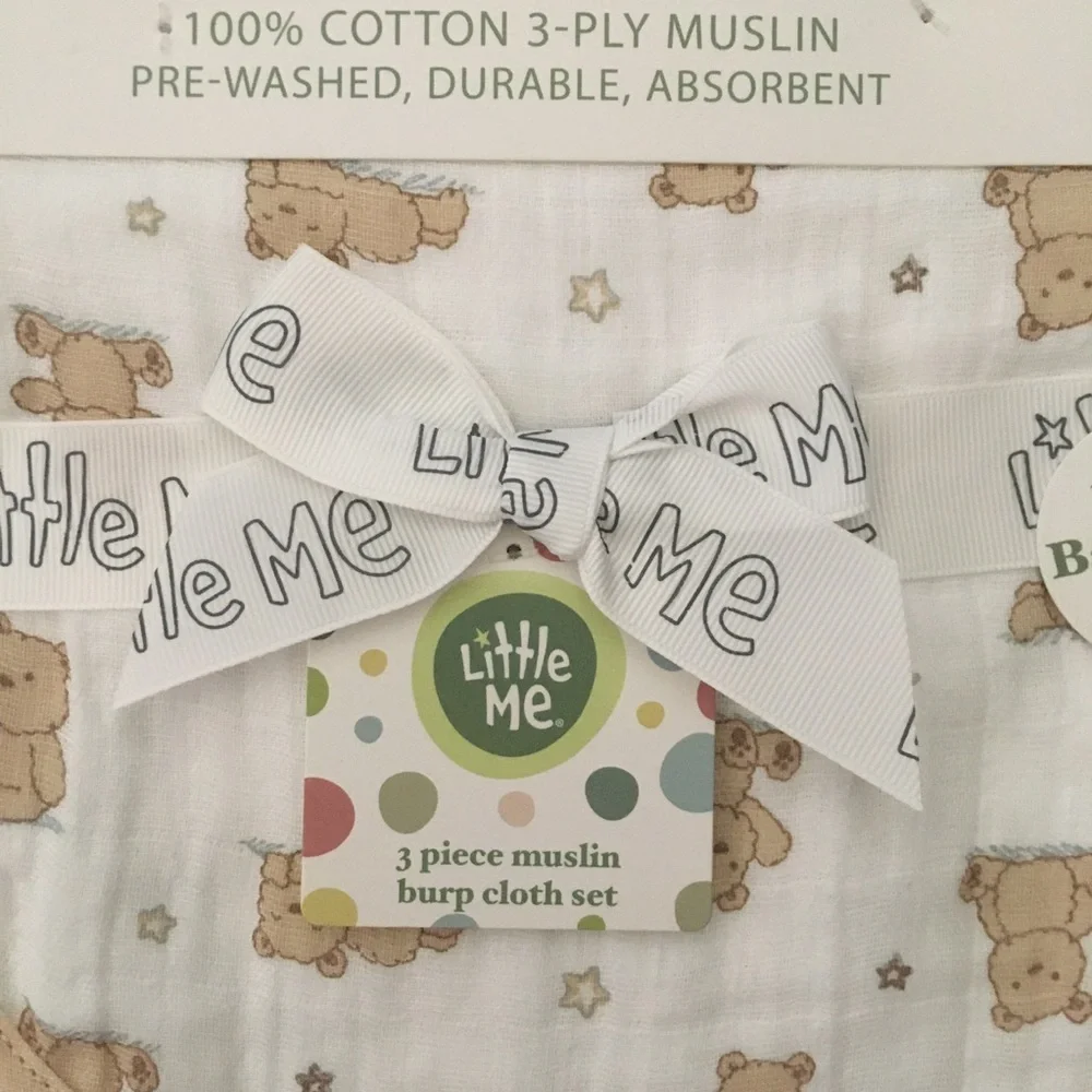 NEW 3 Cotton Muslin Burp Cloths Teddy Bears Stripes Stars Print | Little Me
